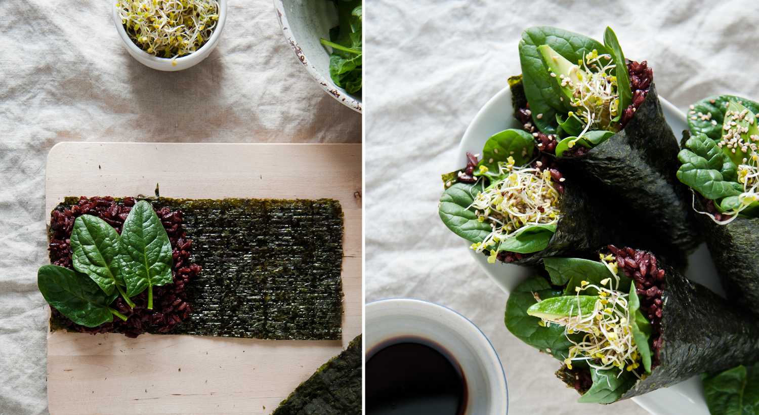 Tekst o przepisach kulinarnych z wykorzystaniem alg. Na zdjęciu: Kolaż jedzenia na stole - HelloZdrowie