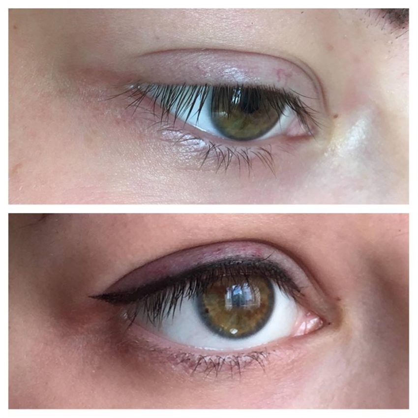 kreska na oku przed i po zabiegu makijażu permanentnego