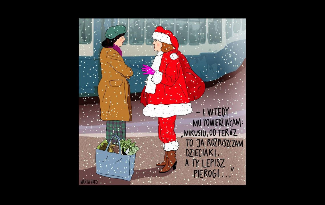 Tekst o pracy Marty Frej na Święta. Na zdjęciu: Rysunek dwóch kobiet w ubraniach Mikołaja - HelloZdrowie