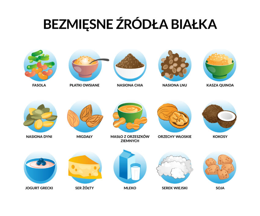 Najłatwiej dostarczyć białko do organizmu jedząc ryby i mięso. Proteiny znajdują się też jednak w produktach wymienionych na powyższym schemacie.