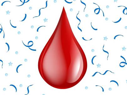 Tekst o nowym emotikonie kropli krwi. Na zdjęciu: Czerwona kropla krwi z konfetti i niebieskimi girlandami - HelloZdrowie