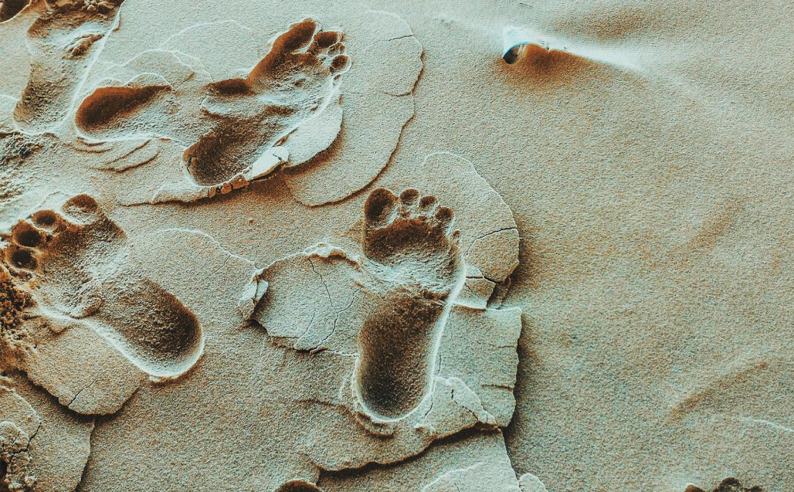 stopy i palce młotkowate na mokrym piasku