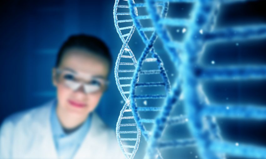 Zespół Aperta - Uśmiechnięta lekarka i łańcuchy DNA.