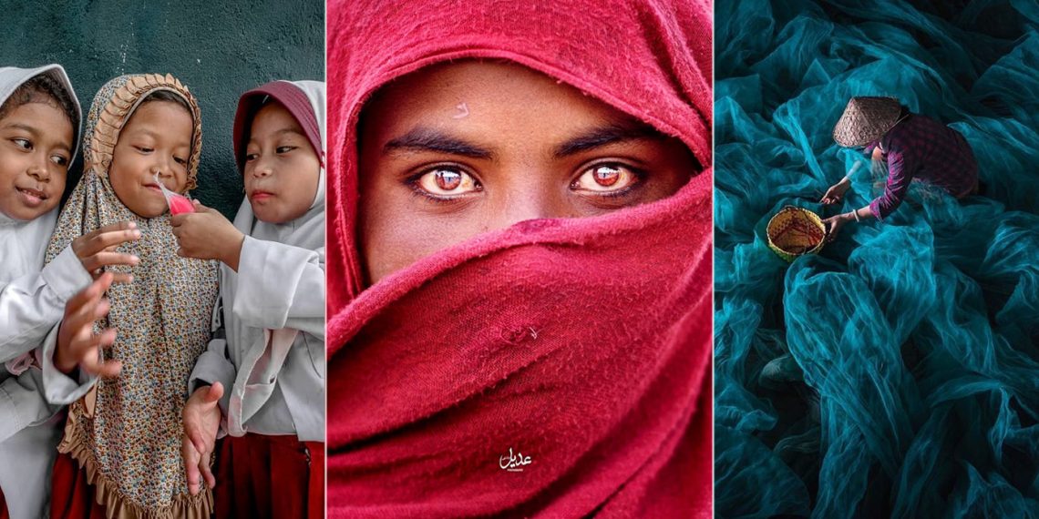 Tekst o niezwykłych fotografiach kobiet z całego świata. Na zdjęciu: Kolaż kobiety z czerwonym nakryciem głowy - HelloZdrowie