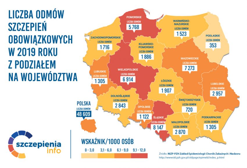 Tekst o wzroście liczby niezaszczepionych dzieci w Polsce. Na zdjęciu: Mapa Polski z liczbami i numerami - HelloZdrowie