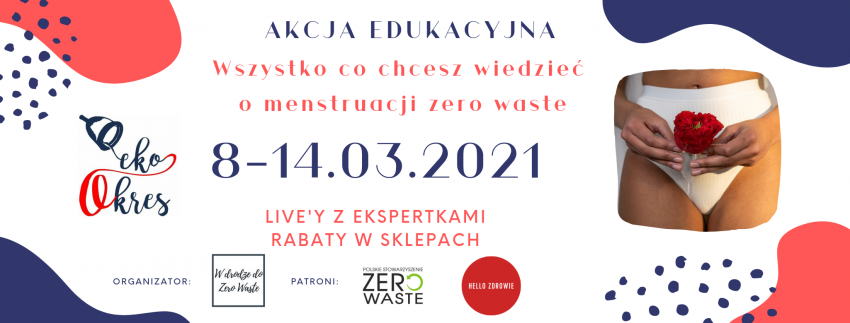 Tekst o promocji wielorazowych produktów menstruacyjnych. Na zdjęciu: Białe tło z czerwonym i niebieskim tekstem - HelloZdrowie