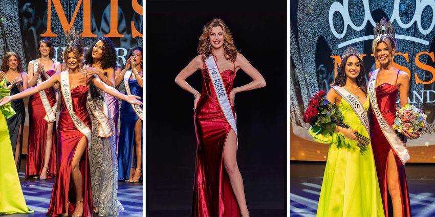 Transpłciowa modelka została Miss Holandii - na zdjęciu Rikkie Valerie Kollé w czerwonej satynowej sukience pozuje z szarfą Miss Nederland HelloZdrowie