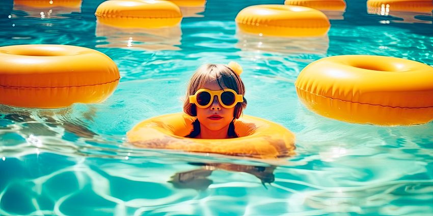 Zabawka do pływania wycofana ze sklepów Decathlon - na zdjęciu dziecko w basenie w żółtym pompowanym kółku, na oczach ma okulary do pływania z żółtymi oprawkami, w tle kilka żółtych kółek do pływania - HelloZdrowie