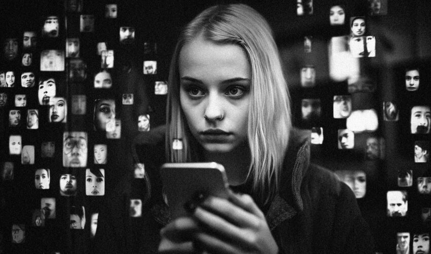 Czarno-białe zdjęcie, młoda dziewczyna otoczona screenami z mediów społecznościowych - Hello Zdrowie