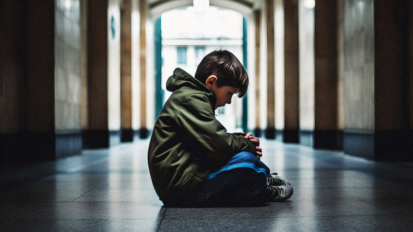 Na zdjęciu smutny chłopiec na korytarzu szkolnym