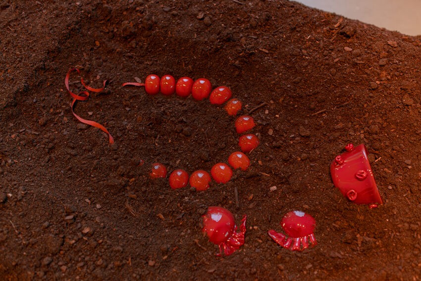 Korale, pierogi, filiżanka z czerwonego szkła ułożone na ziemi