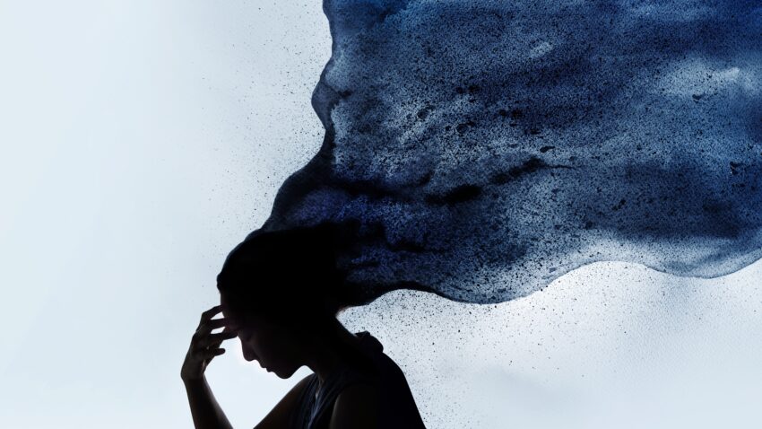 Grafika przestawia kobietę, której włosy układają się niczym chmura burzowa. tekst dotyczy depresji - Hello Zdrowie