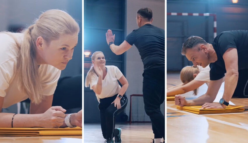 Barbara Nowacka i Sławomir Nitras wykonują testy sprawnościowe na sali gimnastycznej