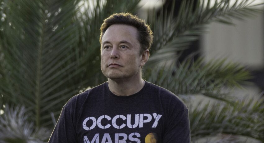 Elon Musk w t-shircie w tle palmy