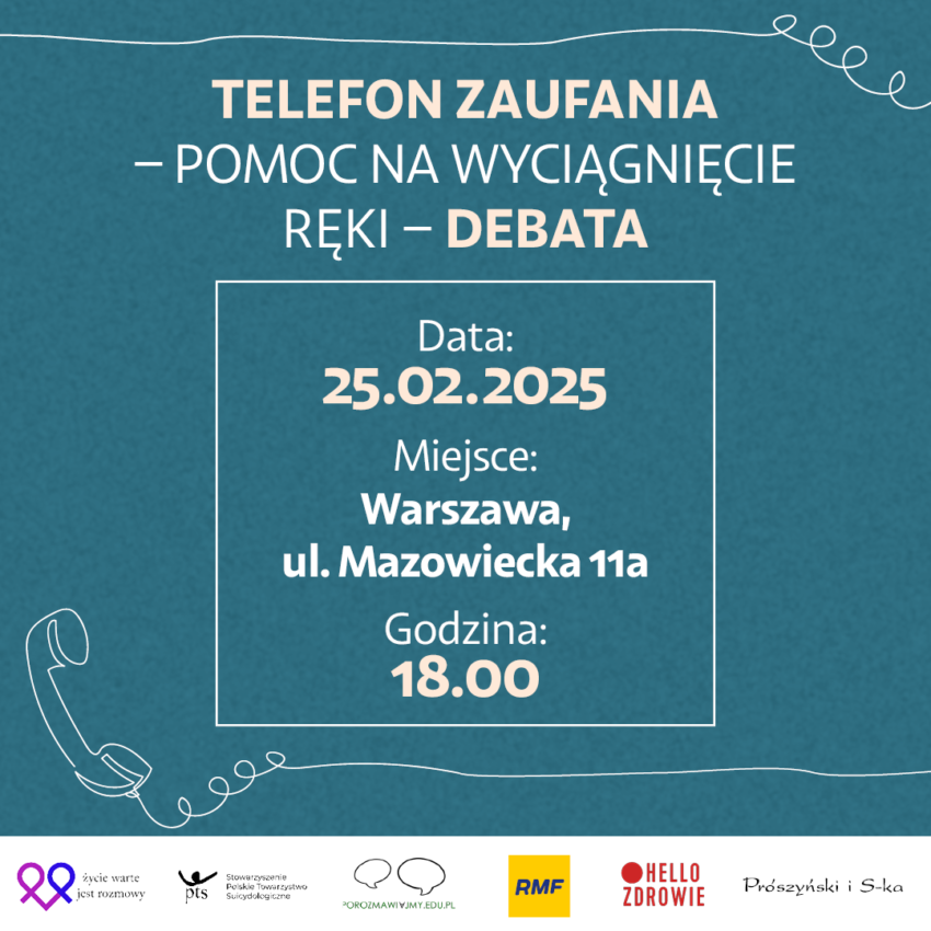 grafika zapowiadająca debatę "Telefon zaufania - pomoc na wyciągnięcie ręki"